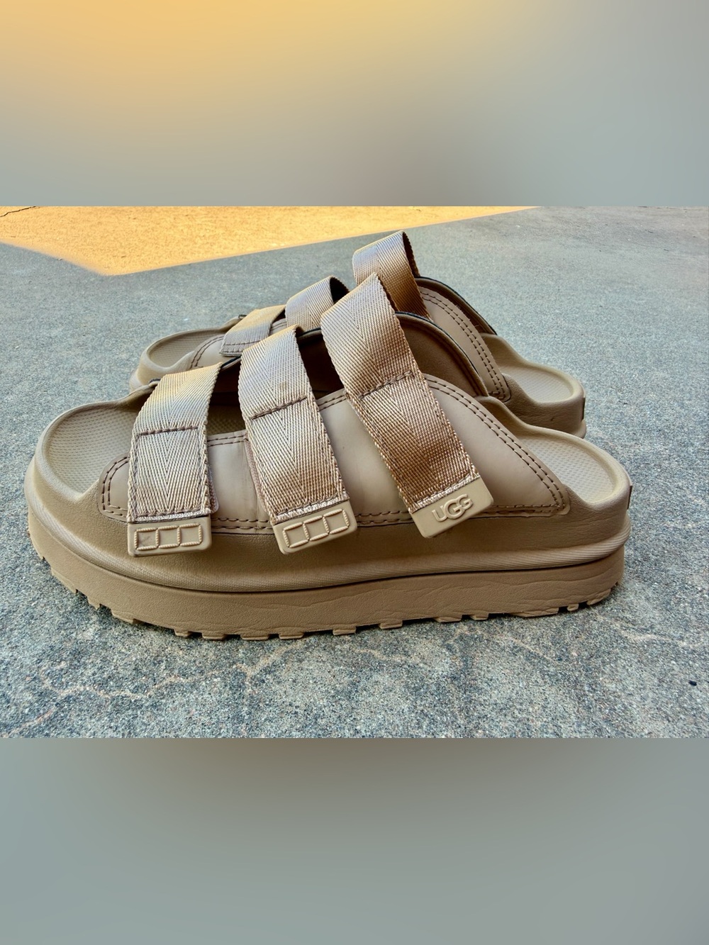 UGG Womens Taupe Triple-Strap Slide Sandals
